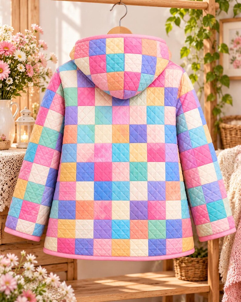 Peut inclure: Une veste &agrave; capuche matelass&eacute;e pr&eacute;sentant un motif &agrave; damier multicolore vif dans des tons de rose, bleu, jaune, vert et violet. Le v&ecirc;tement poss&egrave;de des manches longues, une capuche et un liser&eacute; rose uni le long des bords et de l'ourlet.