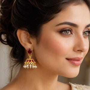 18k Gold Plated Ruby Jhumka Earrings, Pearl Drop Indian Pakistani Bridal Earrings, Statement Wedding Jewelry, Festive Jewelry, Gift for Her