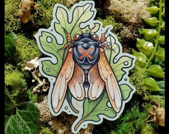 Single glittery accented Brood X Cicada sticker - Weatherproof, durable and high quality.