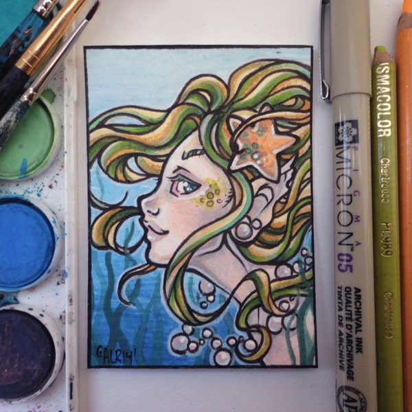 Original Watercolor ACEO Lake Mermaid