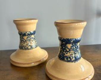 Vintage Pfaltzgraff Pair of Beige and Blue Candlestick Holders