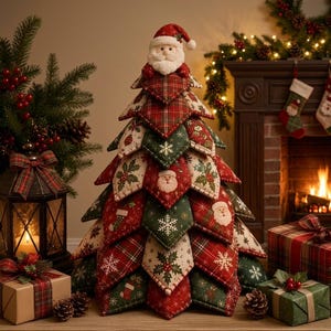 May include: A decorative fabric Christmas tree constructed from layered, diamond-shaped quilted patches in red, green, and cream. The tree features patterns of Santa Claus faces, snowflakes, holly, and plaid. A plush Santa figure sits at the very top.