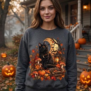 Black Cat Halloween Scene sweatshirt | Pumpkin, Moon, Jack-o'-Lantern, Mushrooms