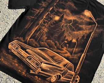 Hand-Painted Bleach Art T-Shirt, Chevrolet Impala Supernatural Shirt, Vintage Horror Car Tee
