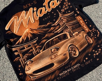Hand-Painted Bleach Art T-Shirt, Miata Car Scene, Japanese Streetwear Tee