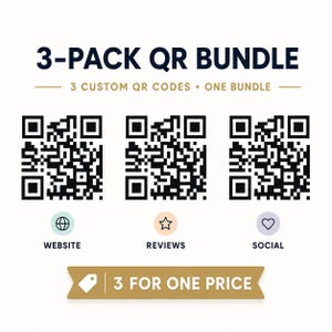 May include: A digital graphic featuring the text 3-PACK QR BUNDLE and 3 CUSTOM QR CODES • ONE BUNDLE. Three black and white QR codes are displayed above icons for a website, reviews, and social media. A gold banner at the bottom reads 3 FOR ONE PRICE.