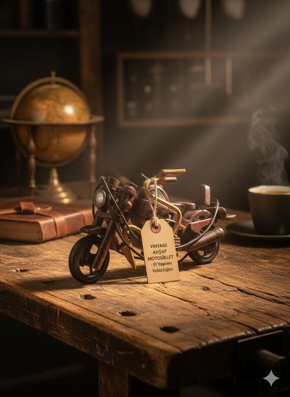 A fully handcrafted wooden chopper motorcycle with real mechanical character — the kind of desk sculpture that stops visitors mid-conversation.