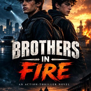 Pode incluir: Uma capa de livro intitulada Brothers in Fire por Massab com dois jovens de costas um para o outro. O fundo mostra um horizonte urbano, um helicóptero e uma estrutura em chamas sob um pôr do sol. Texto: Two friends. One mission. A conspiracy bigger than they imagined. An action-thriller novel.