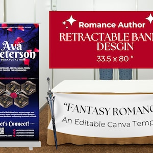 May include: A retractable banner design for romance authors. The banner is red with white text and stars. The text reads "Romance Author Retractable Banner Design 33.5 x 80".