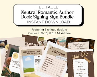 Neutral Romance Indie Author Event Sign Bundle | Book Signing Table Signs | Editable Canva Templates