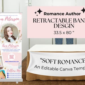 Puede incluir: Un diseño de banner retráctil rosa y blanco para un autor de romance. El banner presenta una foto de la autora, Ava Peterson, y el texto "Romance Author", "Retractable Banner Design", "33.5 x 80", "Ava Peterson Romance Author", "Contemporary, Erotic, Small Town, Why Choose PR Romances", "www.amiredesigns.com", "Follow Me", "@authoravapeterson", y un código QR. El banner está sobre una mesa con un mantel blanco.