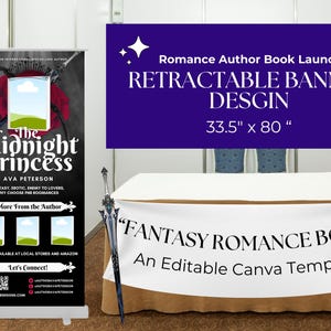 May include: A retractable banner design for a romance author book launch. The banner is purple with white text and stars. The text reads "Romance Author Book Launch", "Retractable Banner Design", and "33.5" x 80".