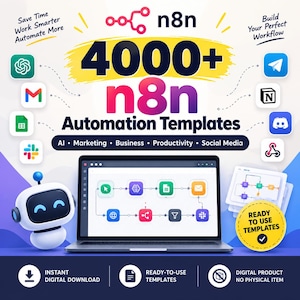 Op de afbeelding: Een digitale afbeelding met de tekst 4000+ n8n Automation Templates en iconen voor diverse softwareapplicaties. Een laptop toont een workflowdiagram, vergezeld door een witte robot en een gele badge met de tekst Ready to Use Templates.