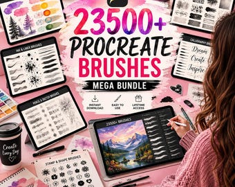 Peut inclure: Un ensemble d'art numérique comprenant plus de 23500 brosses Procreate, incluant des brosses aquarelle, texture, encre, liner, crayon, croquis, calligraphie, tampon et forme. Inclut téléchargement instantané et accès à vie.