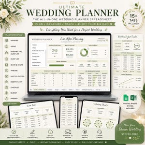 Puede incluir: Una hoja de cálculo digital para planificar bodas mostrada en un portátil, una tableta y un smartphone. La interfaz incluye pestañas para proveedores, listas de invitados, planos de asientos y presupuestos en tonos verdes y crema.
