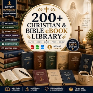Op de afbeelding: Een digitale collectie van meer dan 200 christelijke en bijbelse e-books met een centrale ronde afbeelding met de tekst 200+ CHRISTIAN & BIBLE eBOOK LIBRARY, omringd door diverse gebonden boeken, een open bijbel en een keramische mok met een kruis.