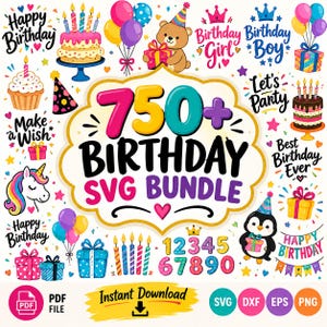 May include: A digital graphic collection featuring the text 750+ BIRTHDAY SVG BUNDLE, surrounded by colourful illustrations of cakes, cupcakes, balloons, gift boxes, a teddy bear, a unicorn, a penguin, party hats, candles, and numbers 0-9.
