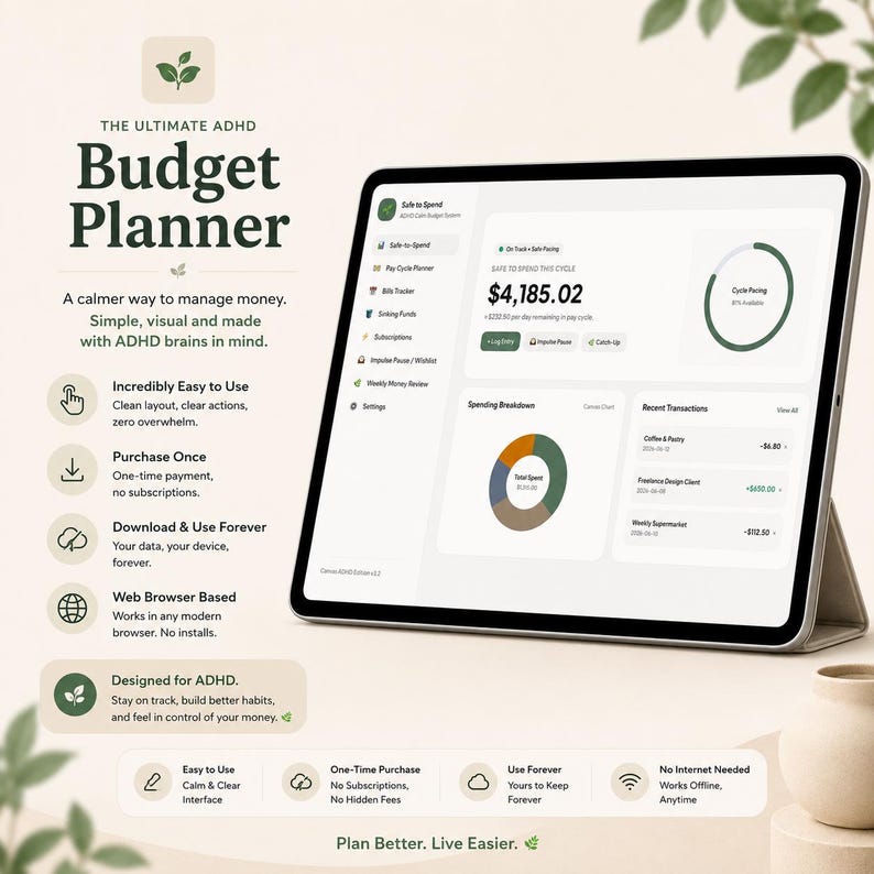 May include: A digital budget planner displayed on a tablet screen, featuring a dashboard with a spending breakdown, recent transactions, and a safe-to-spend total of $4,185.02. The interface includes text labels like The Ultimate ADHD Budget Planner.