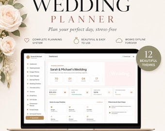 Aplicación todo en uno para planificar bodas: presupuesto, lista de invitados, confirmación de asistencia, seguimiento de proveedores (descarga digital).