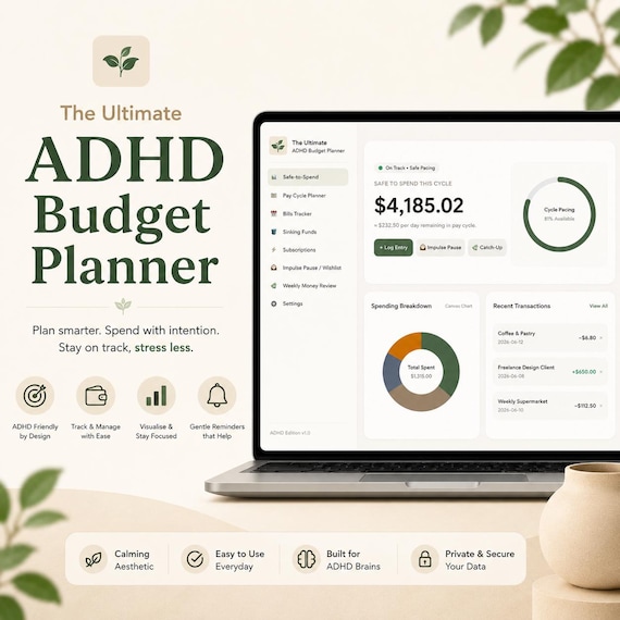 Ultimate ADHD Budget Tracker | Neurodivergent-Friendly All-in-One Finance Dashboard, Safe-to-Spend Planner & Impulse Control System