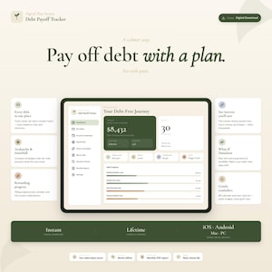 May include: A digital debt payoff tracker interface displayed on a screen, featuring a dashboard with progress bars, financial data, and the text 'Pay off debt with a plan.' The layout includes sections for debt-free journey, interest savings, and simulators in a dark green and cream colour scheme.