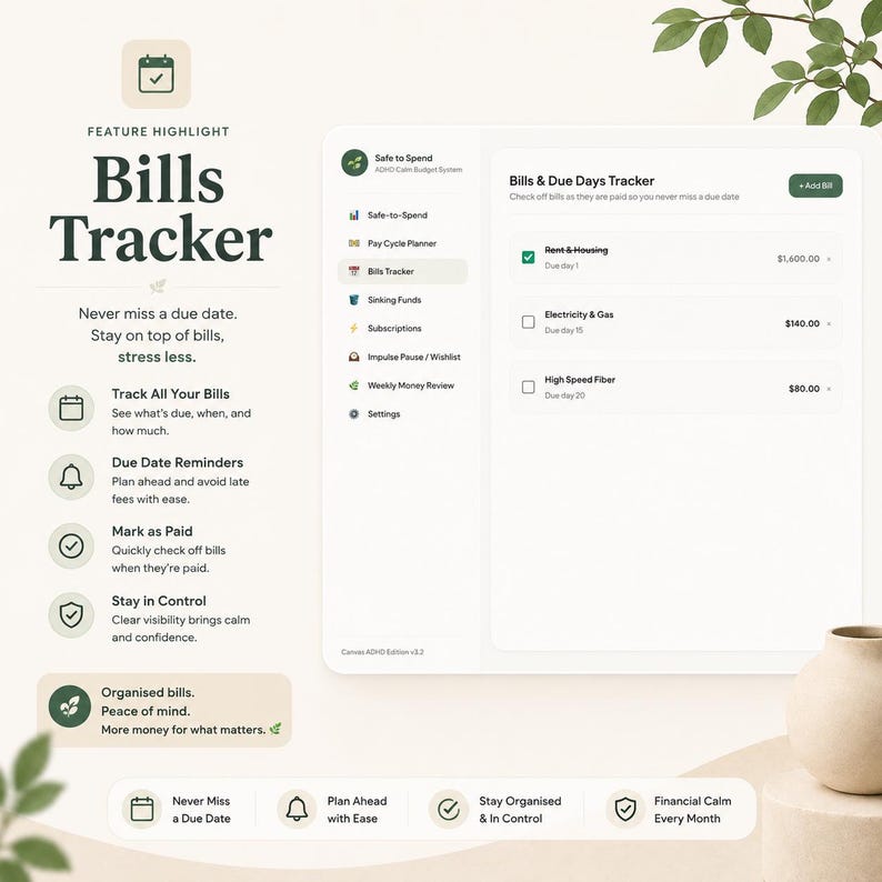 May include: A digital bills tracker interface featuring a sidebar with navigation icons and a main list showing Rent & Housing, Electricity & Gas, and High Speed Fiber with checkboxes. The text includes Bills Tracker, Feature Highlight, and various labels.