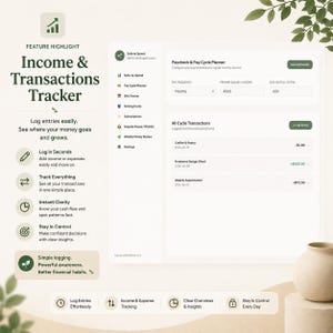 May include: A digital Income & Transactions Tracker interface featuring a Paycheck & Pay Cycle Planner with fields for monthly salary and side hustle income, alongside an All Cycle Transactions list showing coffee, freelance, and supermarket entries.