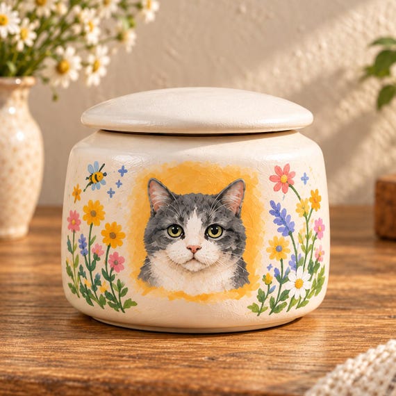 Custom Hand Painted Pet Urn, Small Ceramic Urn for Ashes, Personalized Dog or Cat Portrait, Pet Memorial Keepsake, Pet L