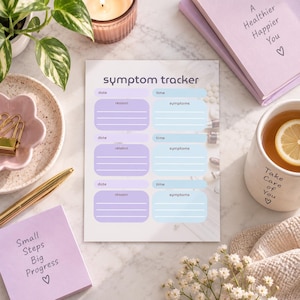 May include: A white symptom tracker sheet with purple and blue sections for date, time, reason, and symptoms. The layout includes three distinct blocks for tracking health information, featuring clear headings and lines for writing notes.