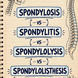 Op de afbeelding: Een medische educatieve kaart op gelinieerd papier met anatomische illustraties van een menselijke schedel, nekwervels en ruggenwervels. De tekst bevat de termen Spondylosis, Spondylitis, Spondylolysis en Spondylolisthesis.
