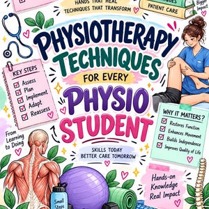 May include: An educational poster titled Physiotherapy Techniques for Every Physio Student, featuring illustrations of a stethoscope, anatomy, exercise equipment, and checklists with text about patient care, movement, and clinical skills.