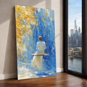 Mujer en un columpio (lienzo), arte abstracto azul y amarillo, decoración de pared impresionista, serena (lienzo grande), pieza decorativa de gran tamaño.