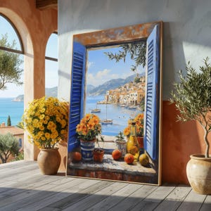 Mediterranean Coastal View, Open Blue Shutters Canvas, Sunny Seaside Village Wall Art, - Large Canvas Wall Art, Oversized Statement Piece