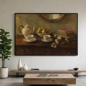 ヴィンテージティーセットキャンバスウォールアート、洋梨と果物の静物画、クラシックな花柄の磁器 - 大型キャンバスウォールアート、特大のステートメントピース