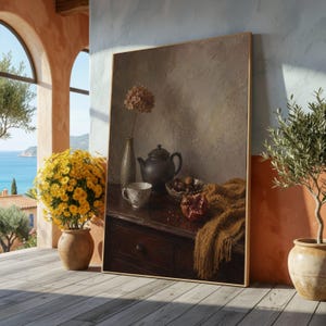 Natura morta rustica vintage su tela, teiera in ceramica, decorazione murale con frutta e fiori autunnali - Grande tela da parete, pezzo di grande impatto