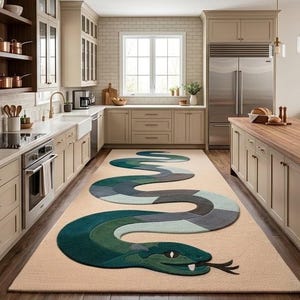 May include: A long rectangular area rug featuring a large, winding snake design in shades of dark green, teal, and grey against a light beige background. The snake spans the length of the rug, showcasing a detailed head with white fangs and a tongue.