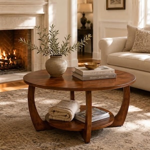 May include: A round wooden coffee table with a warm brown finish, featuring a curved base design and a lower circular shelf. The table holds a textured ceramic vase with green foliage, two stacked books, and a small gold bowl on top.