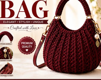 Handmade Burgundy Crochet Handbag, Textured Shoulder Bag, Detachable Strap, Gold Hardware