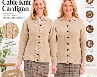 Women's Beige Cable Knit Cardigan, Button Front Wool Sweater, Vintage Style Knitwear