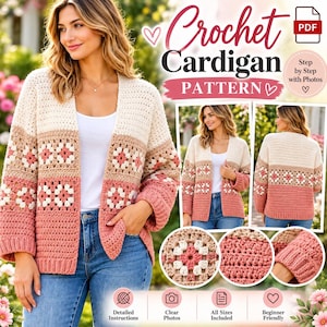 May include: A PDF crochet cardigan pattern featuring a colour-blocked design in cream, beige, and dusty rose. The garment includes granny square motifs, long sleeves, and ribbed cuffs. The document includes step-by-step photos and instructions.