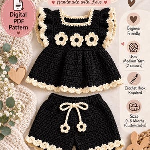 Könnte beinhalten: Ein schwarzes Häkel-Baby-Set bestehend aus einem Oberteil mit Rüschenärmeln und drei weißen Blumenapplikationen sowie einer passenden Hose mit weißem Kordelzug und Blumenenden. Der Text lautet Crochet Baby Outfit Set.