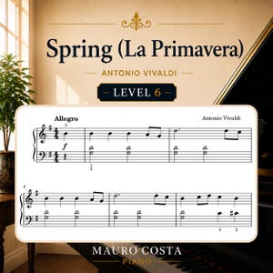 May include: A sheet music page for Antonio Vivaldi's Spring (La Primavera), Level 6, featuring the Allegro movement. The document displays musical notation on a grand staff with treble and bass clefs, including tempo markings and finger numbers.