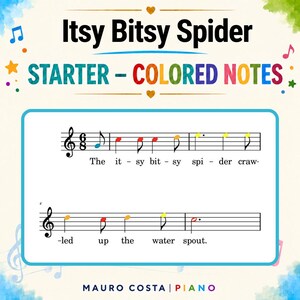 Op de afbeelding: Een bladmuziekpagina getiteld Itsy Bitsy Spider STARTER - COLORED NOTES met notenbalken met gekleurde notenkoppen en songteksten. De tekst bevat de titel van het lied en de naam Mauro Costa Piano onderaan de pagina.