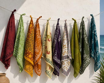 Lot de 10 bandanas en coton pour femmes et hommes, imprimés à la main, foulard doux pour la tête, turban, écharpe, style bohème.