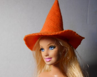 Sombrero de muñeca Halloween, sombrero de fieltro naranja, sombrero de bruja para muñecas de moda. Sombrero de fieltro hecho a mano para muñeca de 11".