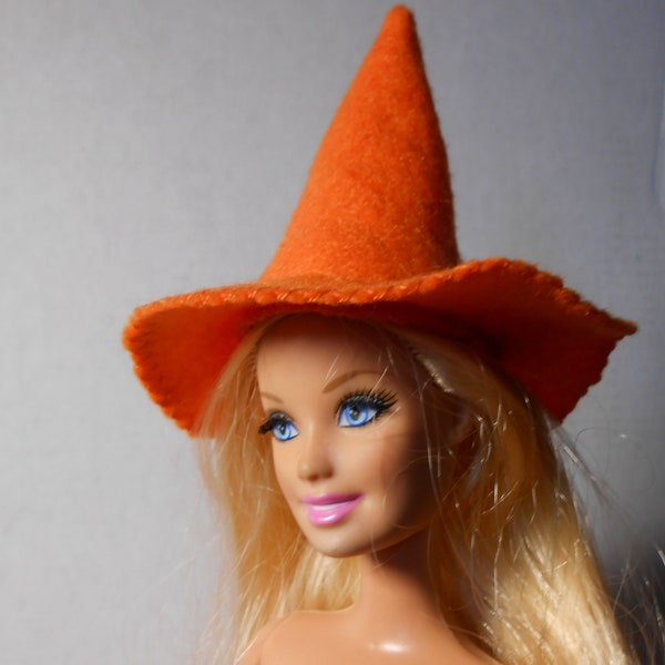 Doll Halloween hat, orange felt hat,  witch hat for fashion dolls. Hand made felt hat for 11" doll .