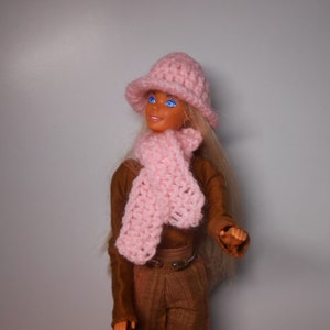 Hand knitted and crocheted hat and scarf for fashion doll , pink hat and scarf for 11,5 inches doll