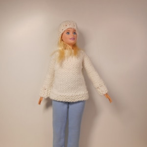 Hand knitted sweater and hat for fashion doll, white sweater + hat for 11.5 inches doll, doll pullover, doll beanie.