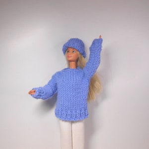Può includere: Un set di maglione e cappello di lana blu per una bambola. Il maglione ha un collo rotondo e maniche lunghe. Il cappello è di stile beanie.