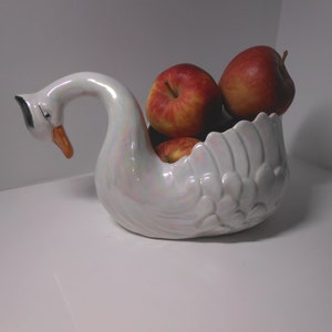 Swan centerpiece in iridescent white porcelain, vintage swan-shaped bowl or planter